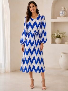 Beulah NWT Blue White Ikat Chevron Belted Midi Dress Pearl Trim